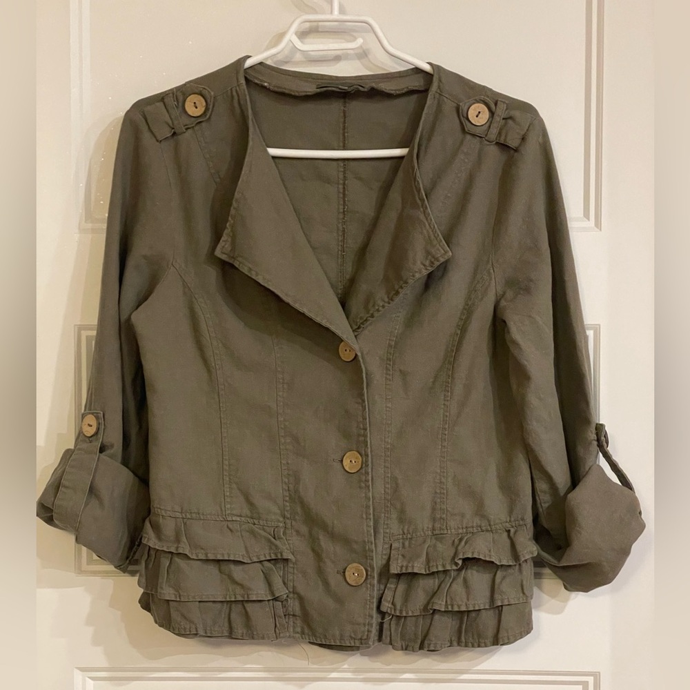 Anonyme Olive Green Ruffled Loose fitting Jacket 3/4 Sleeves light Summer size 4